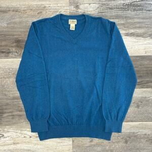 LL Bean Sweater Blue Men L V-Neck Cotton Cashmere Blend Plain Knit‎ Pullover